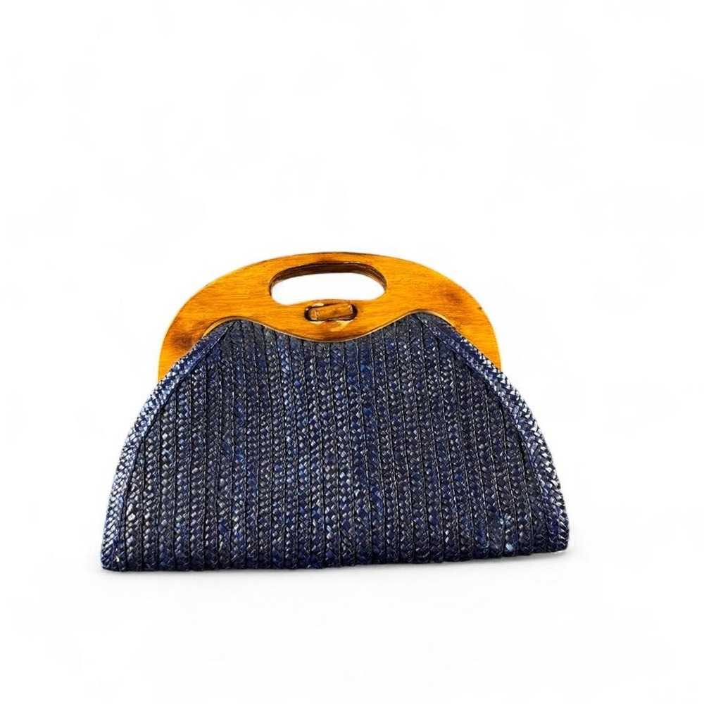 Vintage Holiday Fair Blue Woven Handbag with Wood Handles